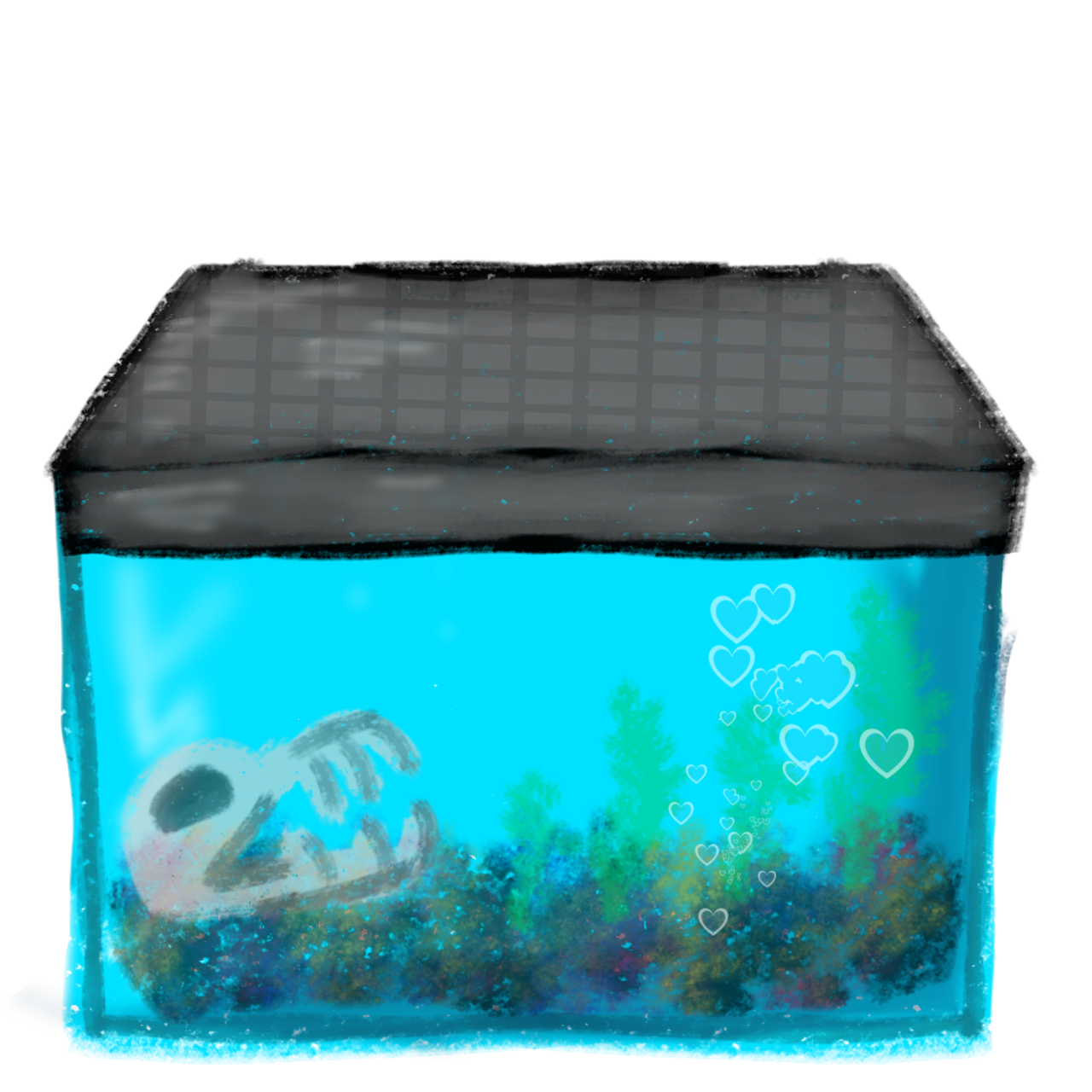 a digital illustration of a fish tank with an aquatic theme. The tank is filled with blue water, and there's a large, stylized gator skull decoration lying at the bottom, partially buried in the colorful substrate. Some aquatic plants add greenery, while bubbles shaped like hearts rise from the substrate. The tank's top is dark, with a grid pattern showing ventilation.